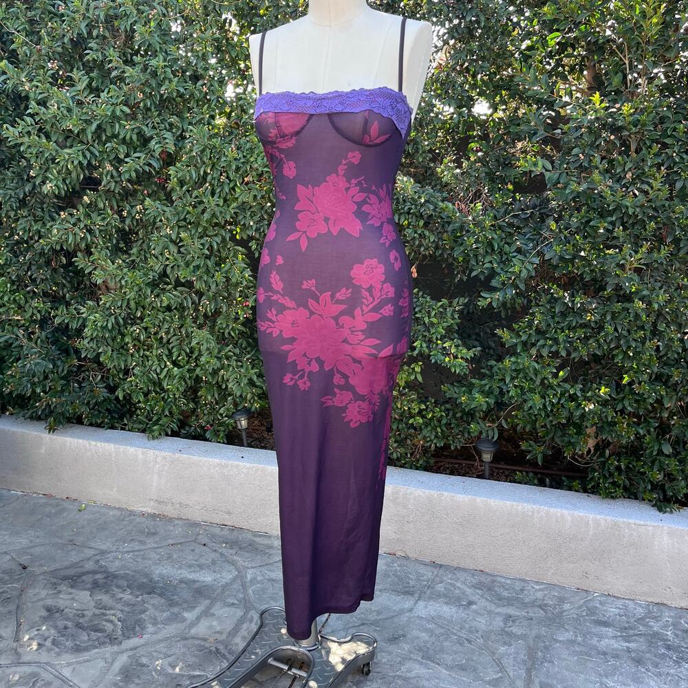 Purple Floral Bodycon Maxi Dress Size Small Lace Trim Spaghetti Strap Soft Girl